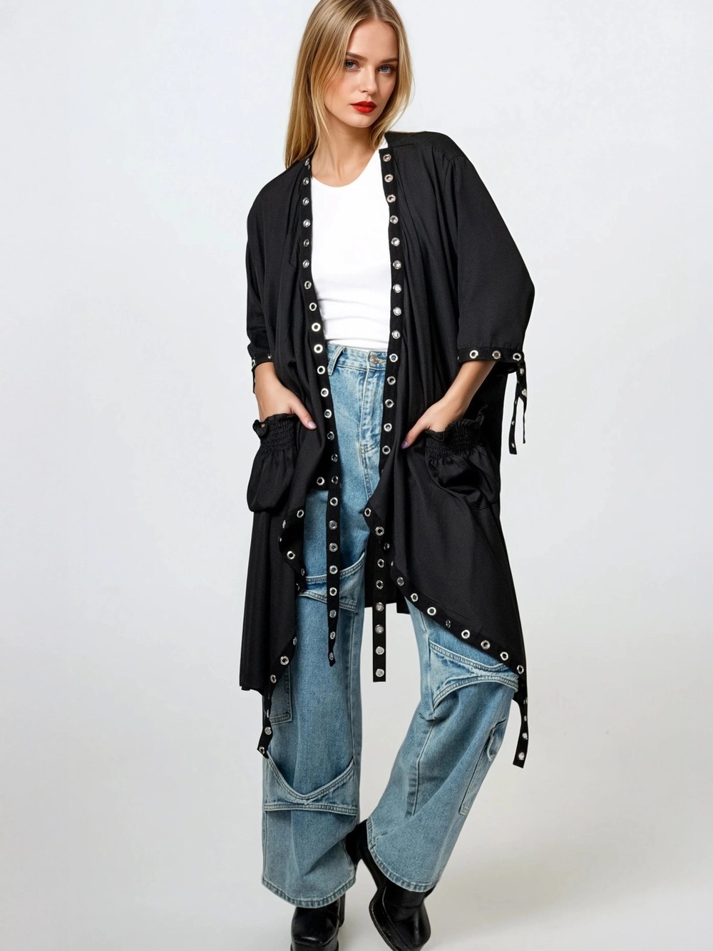 One Size Oversized Black Eyelet-Trim Open Front Duster Jacket